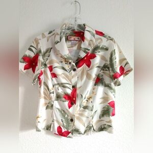 Caribbean Joe Cropped Floral Hawaiian Print Shirt Short Sleeve Red Beige Small
